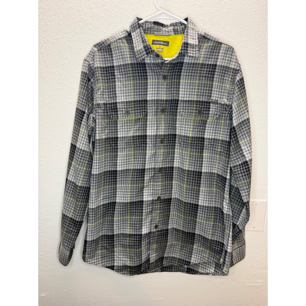Eddie Bauer Mens Plaid Button Down Shirt Grey Black Yellow Size M outdoors